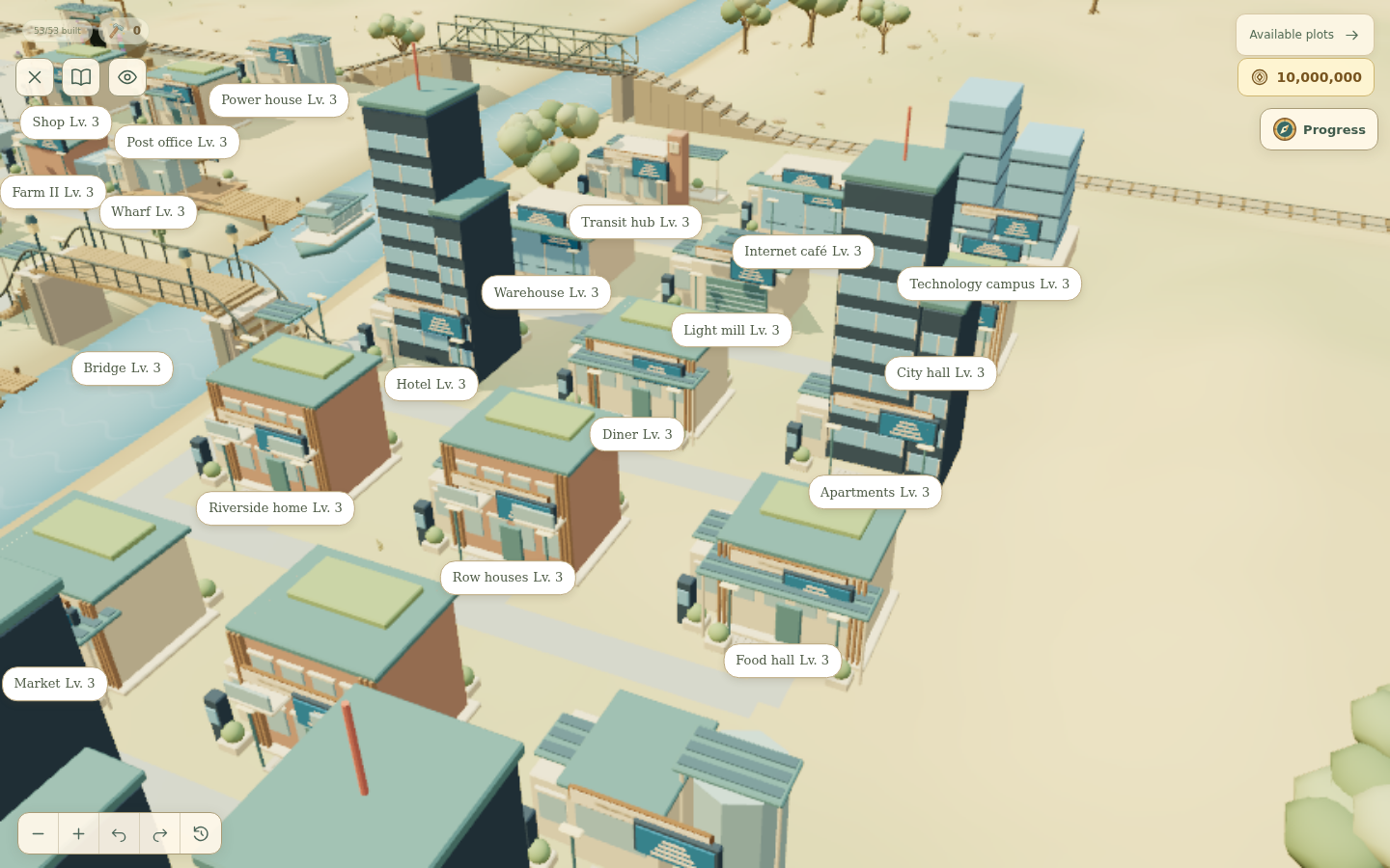 Prospect Hollow town scene during the Connected City era 2005 with internet cafe, technology campus and taller city towers
