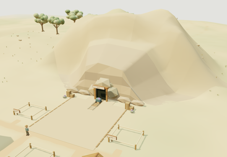 A low-poly Prospect Hollow desert scene showing the mine entrance carved into a sandy hill, a small cart filled with purple crystals sitting on short tracks outside, fenced plots including one marked Shop, and a lone hat-wearing character nearby