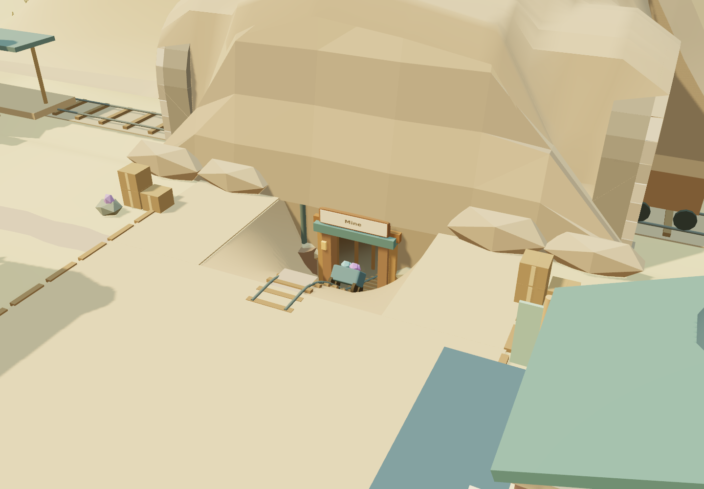A low-poly Prospect Hollow desert mining scene with a wooden Mine entrance set into a sandy rock face, a small cart carrying pastel-colored crystals on tracks leading inside, wooden crates, scattered rocks, and additional railway tracks