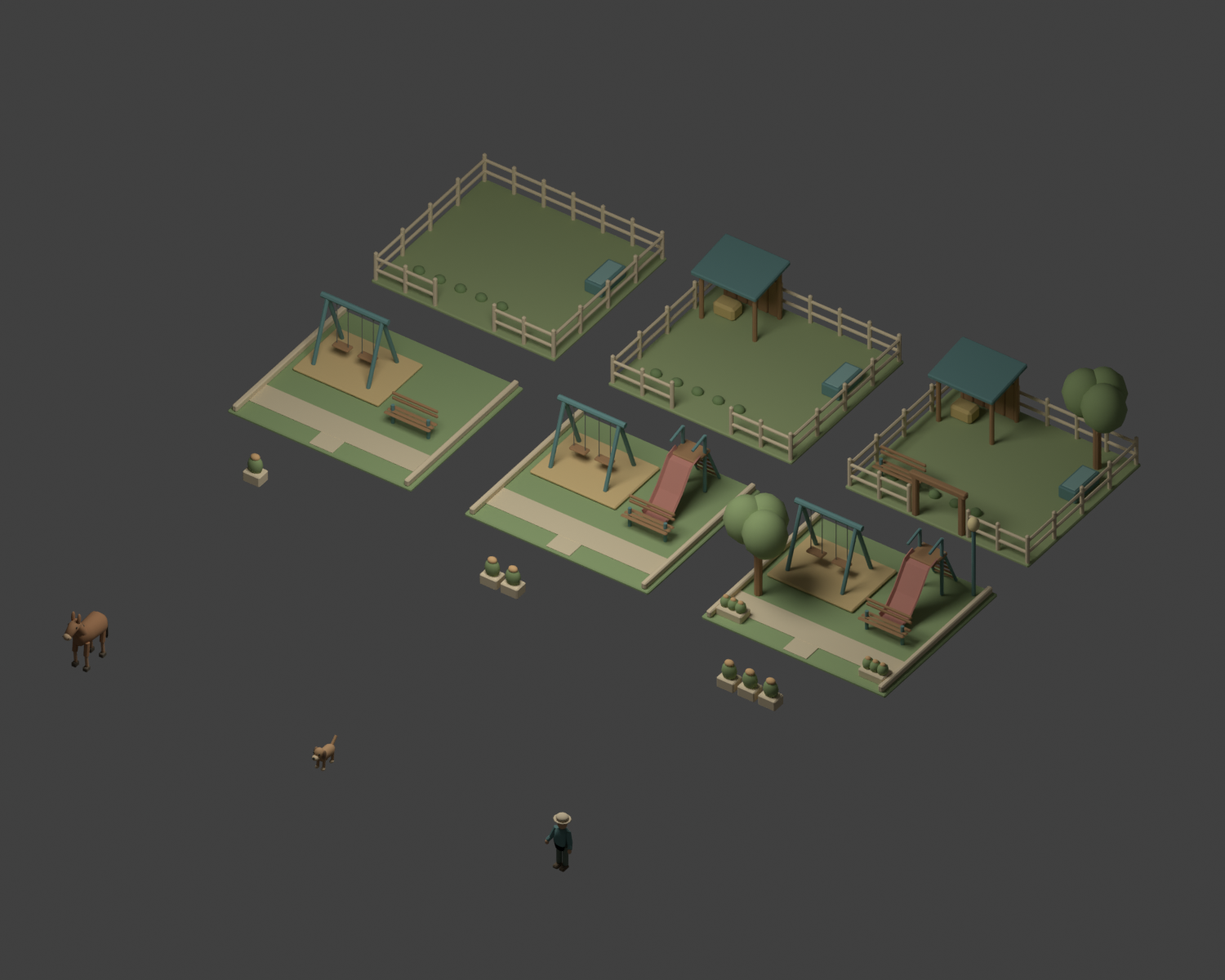 Blender source render of the Prospect Hollow leisure plots: dark horse silhouettes on a fenced grass field, leashed dog, walker figure, and the Prospect public park layout with paths and trees