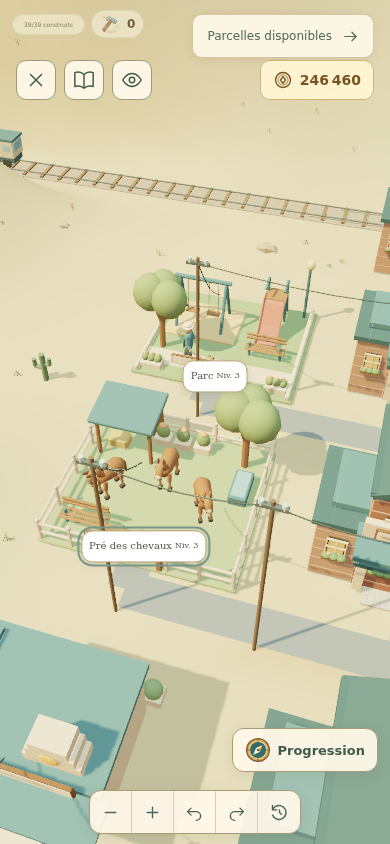 Prospect Hollow village on a 390 by 844 French mobile layout with reduced motion and high contrast, showing the new leisure plots in context