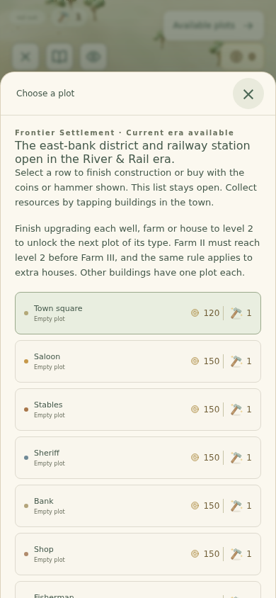 The Prospect Hollow parcels list on mobile after the post-merge polish on main showing coin costs and hammer actions