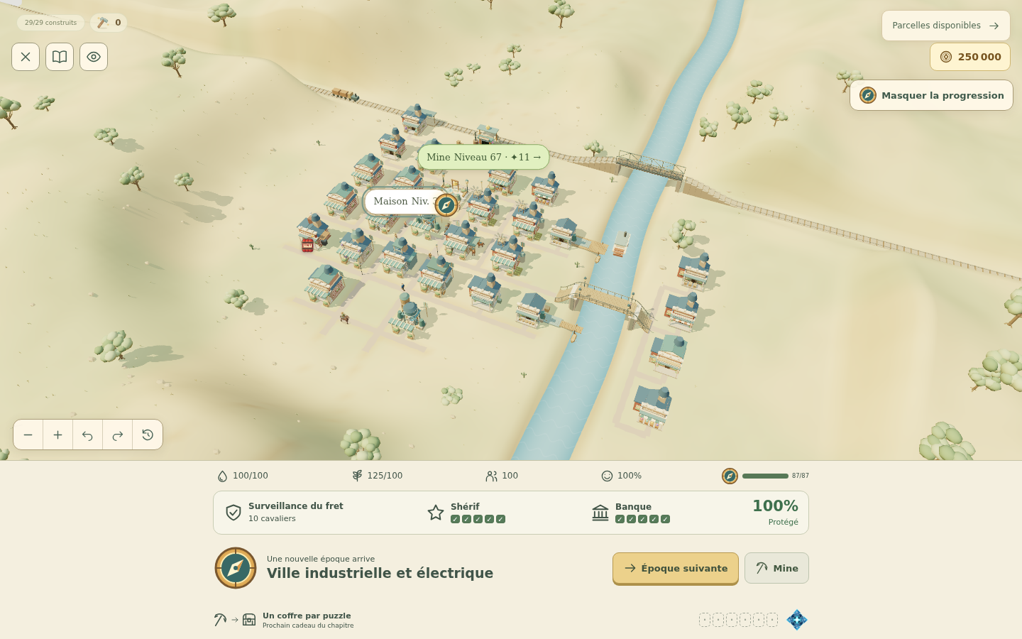 Prospect Hollow town beside a river, with a railway, bridge and building progress controls.