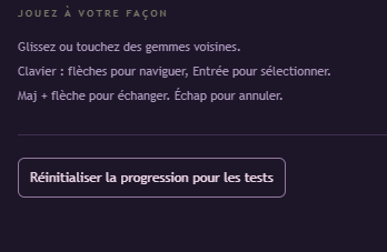 The Prospect Hollow settings menu with the Reset progress for tests button at the bottom under the JOUEZ A VOTRE FACON header