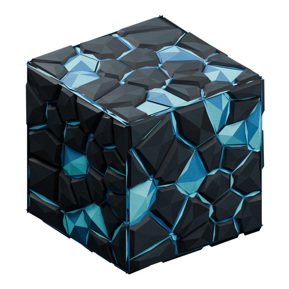 Rivet Reach Azure ore refined model source render showing irregular dark stone facets connected blue fractures and larger crystal pockets aligned with the Blue Signal sheet