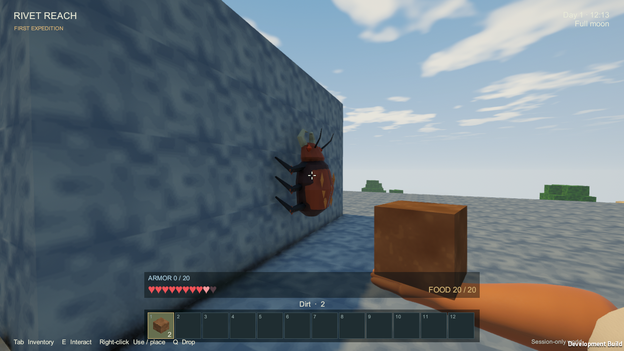 A Rustback beetle climbing a voxel wall in the standalone Rivet Reach player