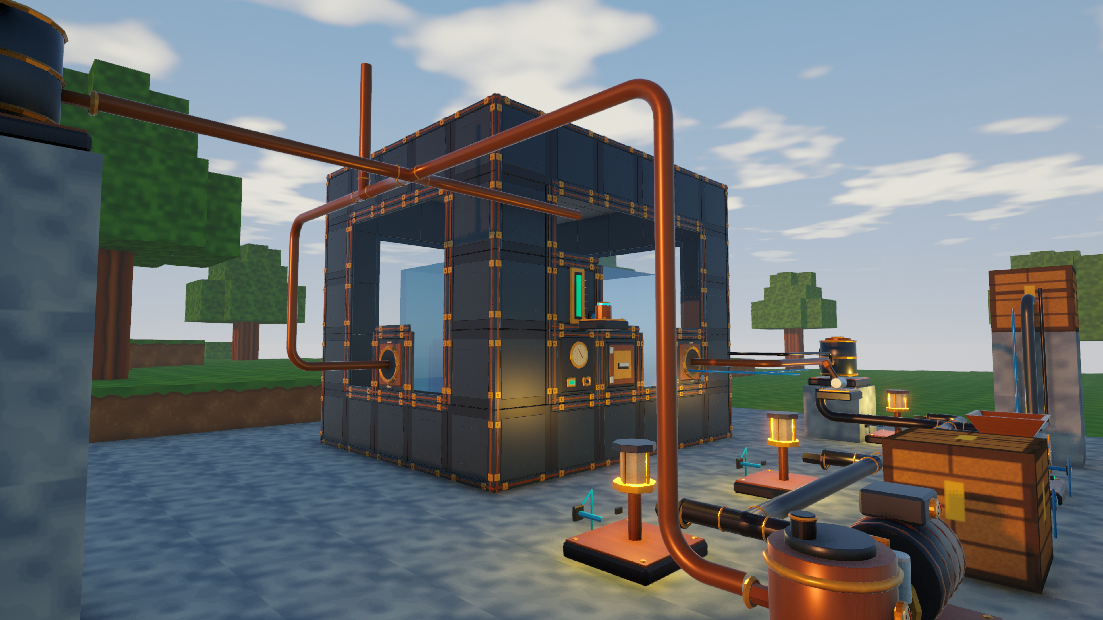 A completed Rivet Reach multiblock tank at the centre of a real in-game workshop scene