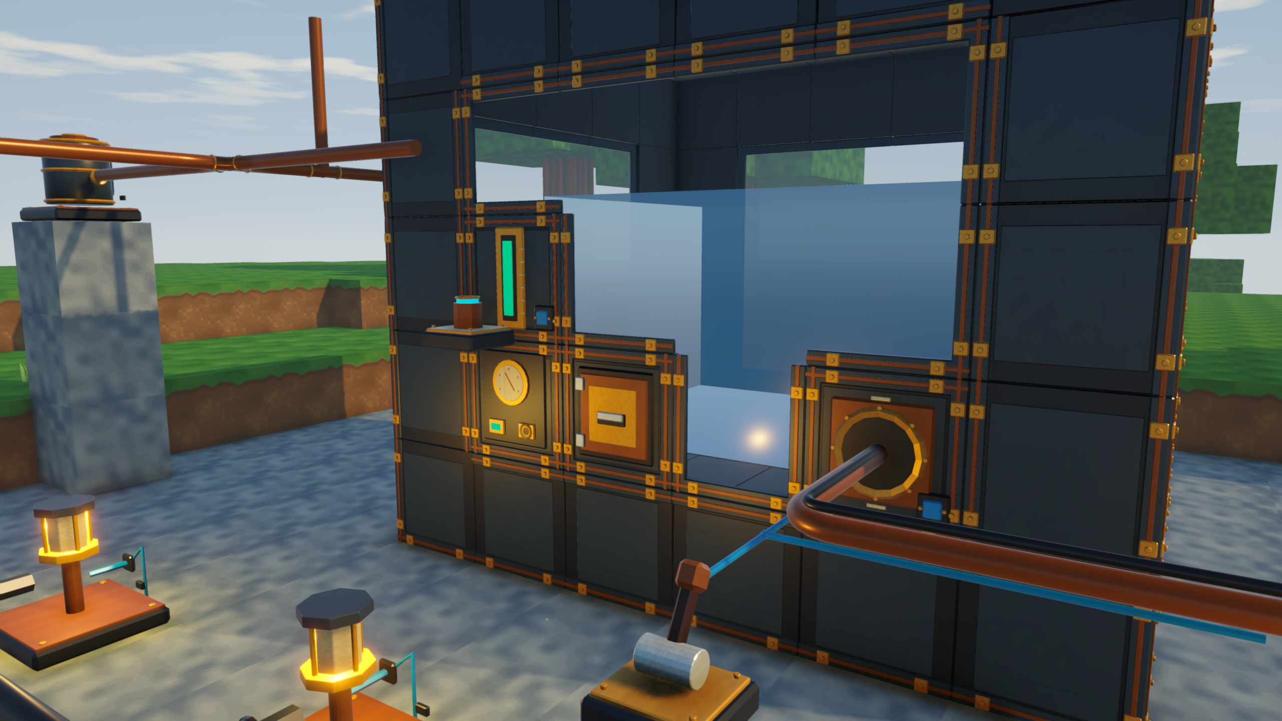 Rivet Reach workshop with a multiblock fluid tank, copper pipes, blue control connections and lamps.