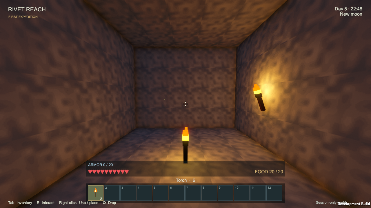 In-engine first-person screenshot from Rivet Reach 0.0.1 alpha: a player in a stone underground space, wall-mounted torches lit and casting warm orange glow against cool grey rock. The HUD shows 'RIVET REACH' / 'FIRST EXPEDITION' / Day 5 / New moon. Atmospheric voxel sandbox lighting in a dark underground scene.