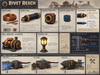 Electric Power component family concept art: Copper Wire, thick industrial Power Cable, distinct Power Port vs Signal Port shapes, generator/alternator language, powered machine examples.